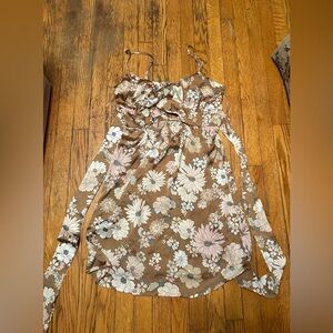 Rue21 Plus Size 1x Brown & White Floral Dress W/ Front Cut Out & Tie Waist BOGO